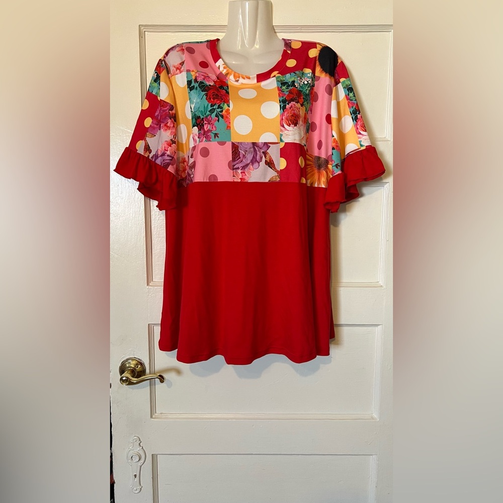 Bright Red Patchwork Yoke Flutter-Sleeve Tunic